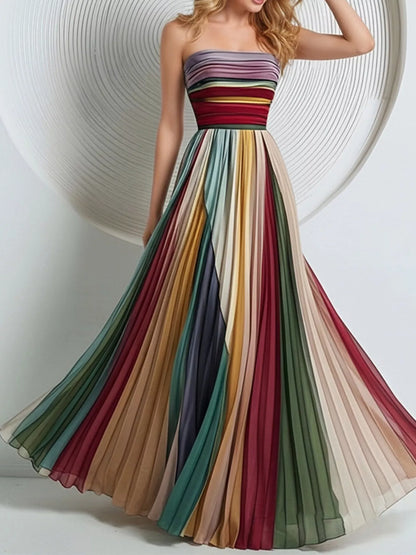 Robe Longue Plissée Multicolore Sans Bretelles